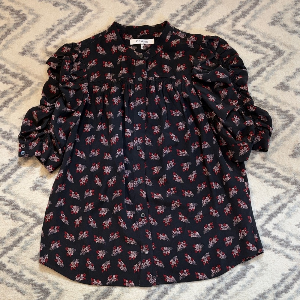 Frame Silk Floral Button-Front Puff Sleeve Top